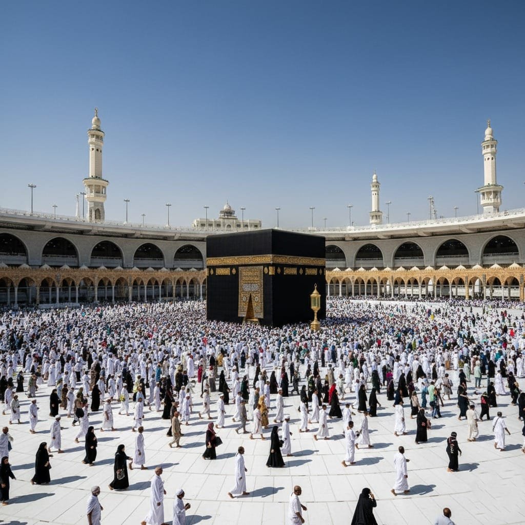 Pilgrims performing Tawaf around the Kaaba